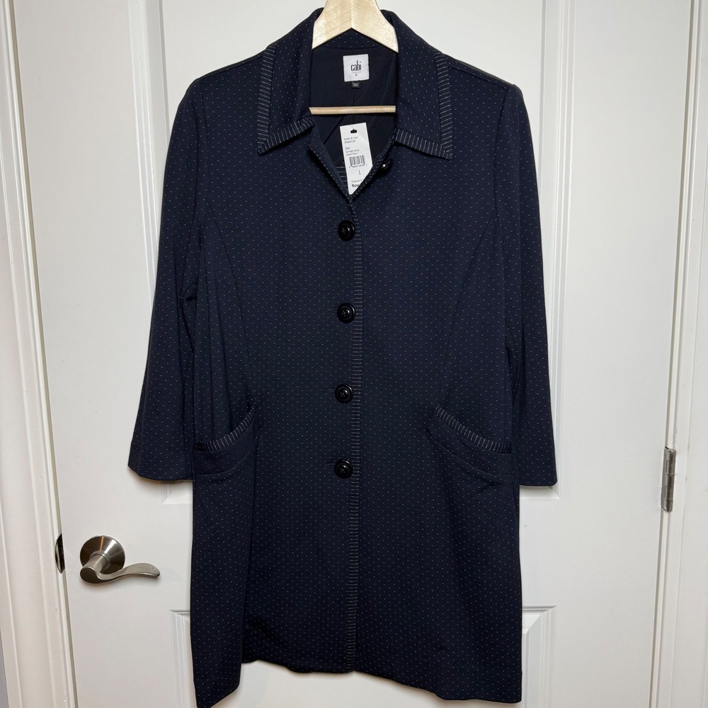 NWT Cabi Carriage Jacket 5658 Navy Micro Dot Longline Ponte Coat L 3/4 Sleeve